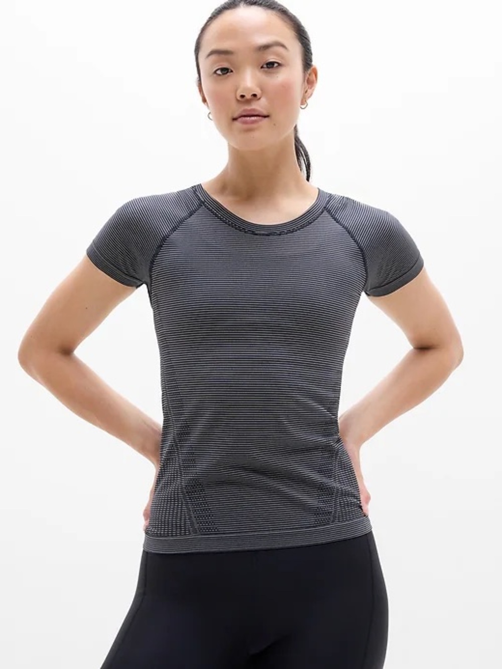 Athleta Momentum Seamless Tee Charcoal & Black Striped Short-Sleeve Top